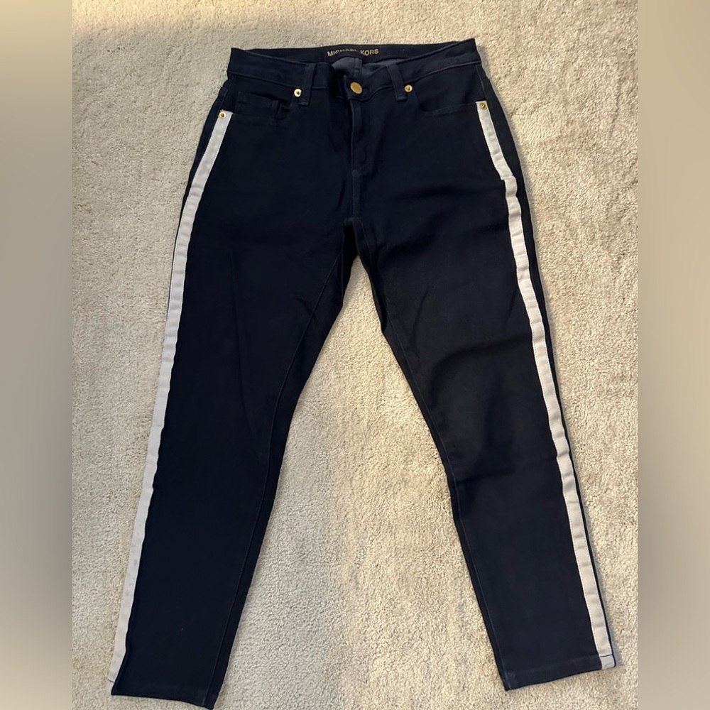 Dark Blue Pants with White Side Stripes